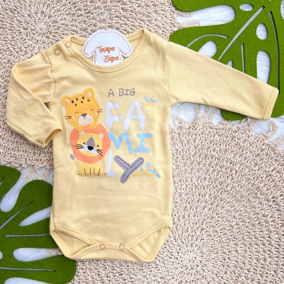 Kit 3 Peças - Bodys Manga Longa Wild Boy - Off White e Azul Jeans, Off White e Mostarda